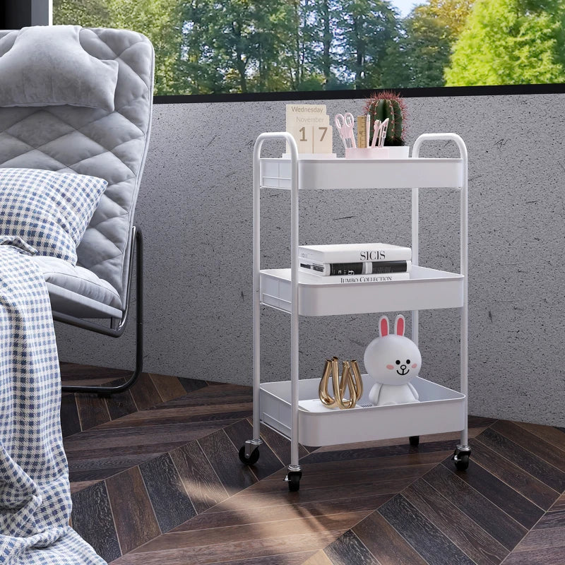 Three-Tier White Steel Storage Trolley - Versatile Rolling Cart for Kitchen, Office, and Home Organization
