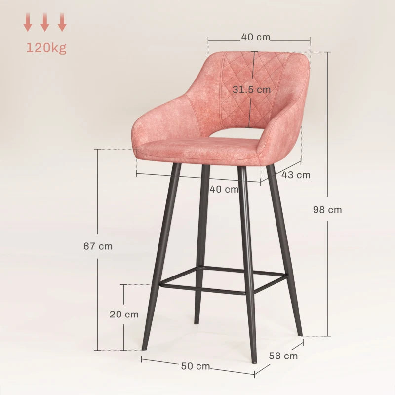 Set of 2 Pink Velvet-Feel Bar Stools - Stylish Modern Seating for Kitchen, Dining Room, or Home Bar