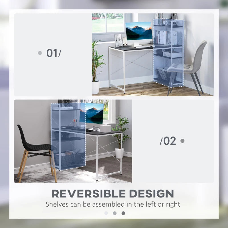 Industrial Reversible Computer Desk with Storage Shelves - Home Office Writing Desk, Easy Assembly, 120x64x121cm, Black & White