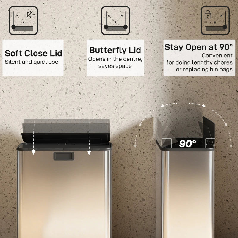 Dual Kitchen Bin with Soft-Close Butterfly Lid - 2x28L Stainless Steel Pedal Bin, Fingerprint-Proof for Recycling & Waste, Silver