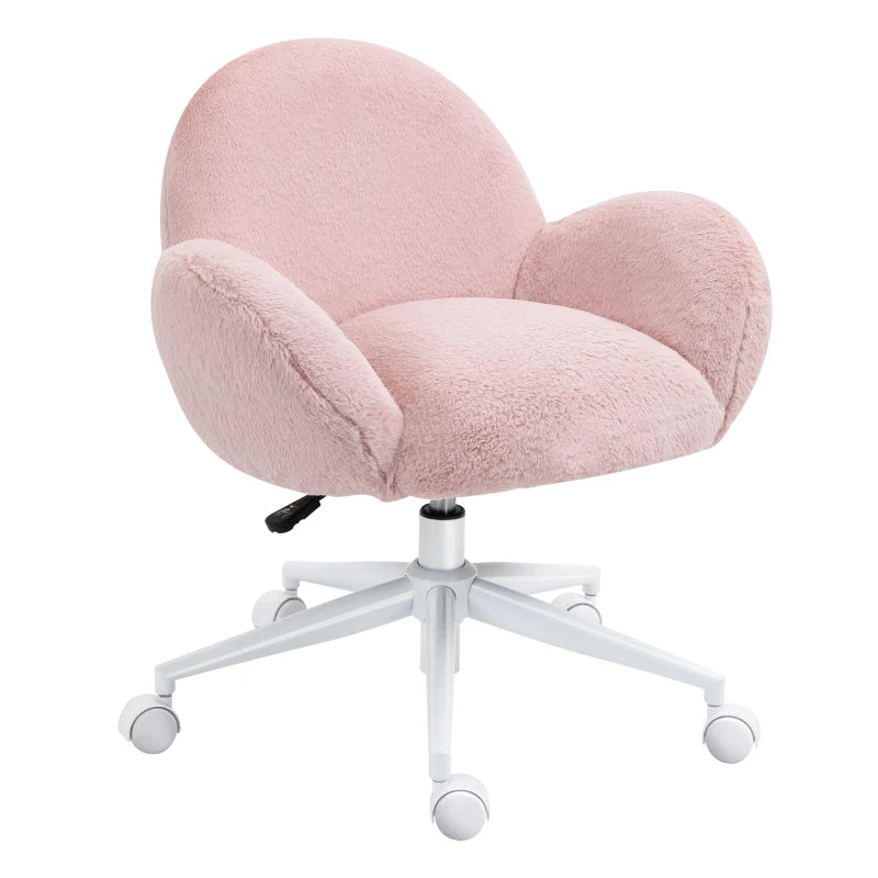 Cute Pink Makeup Vanity Chair with Fluffy Cushion & Rolling Wheels - Stylish Desk Chair for Bedroom & Living Room