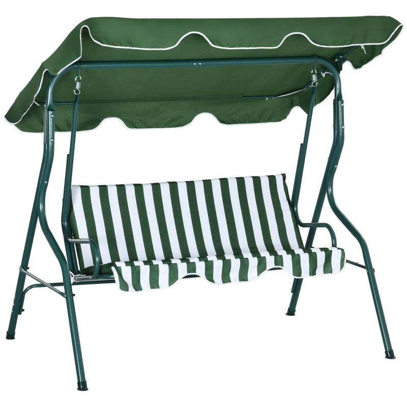 Green Striped 3-Seater Outdoor Swing Bench with Adjustable Canopy