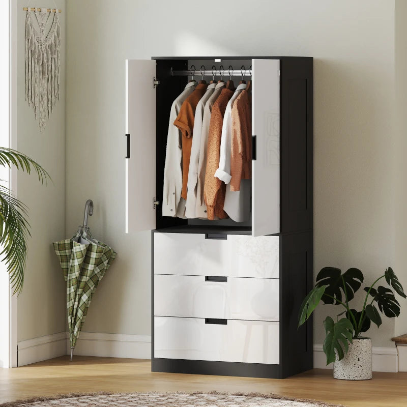 Modern 2 Door Wardrobe with 3 Drawers and Hanging Rod for Stylish Bedroom Storage