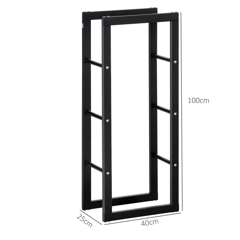 Tall Metal Firewood Log Holder Rack - Indoor/Outdoor Fireplace Wood Storage Shelf, Rust-Resistant, Black, 40W x 25D x 100H cm