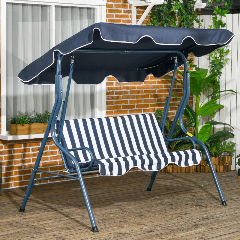 Blue Striped 3-Seater Outdoor Swing Bench with Adjustable Canopy