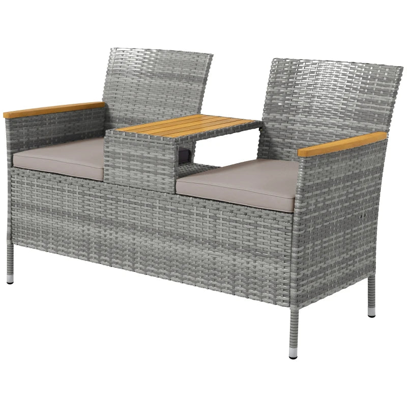 Grey Rattan Loveseat with Wood-Top Table
