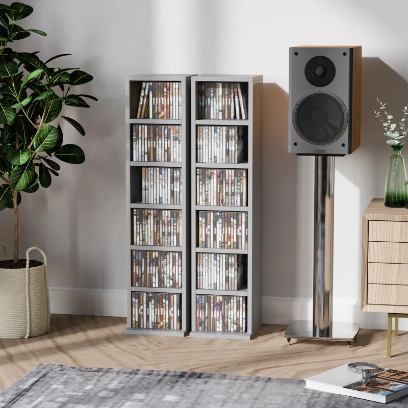 Set of 2 Grey CD Media Display Shelves - Adjustable Blu-Ray Tower Rack & Bookcase Storage Organizer