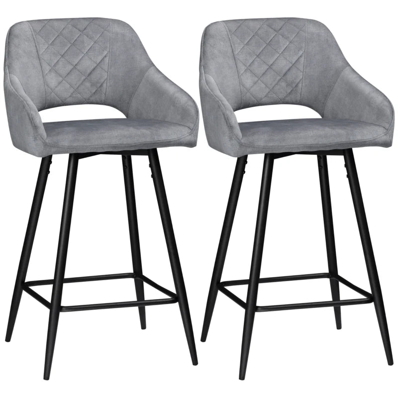 Set of 2 Velvet Bar Stools - Counter Height Kitchen Chairs with Steel Legs - Stylish Grey Dining Area Barstools