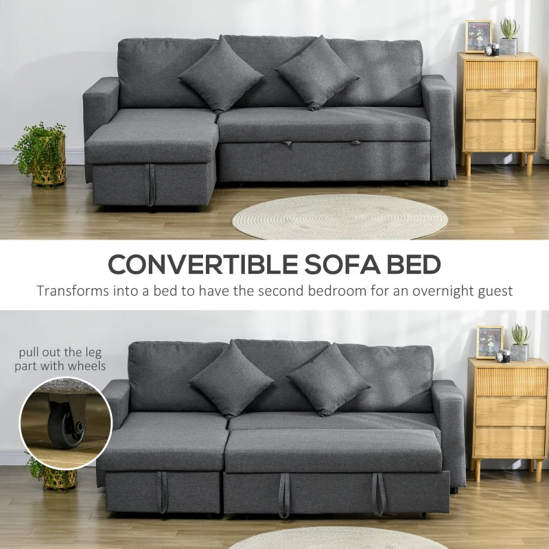 Stylish Dark Grey Corner Sofa Bed with Storage, 3-Seater Pull-Out Design, Reversible Chaise for Living Room