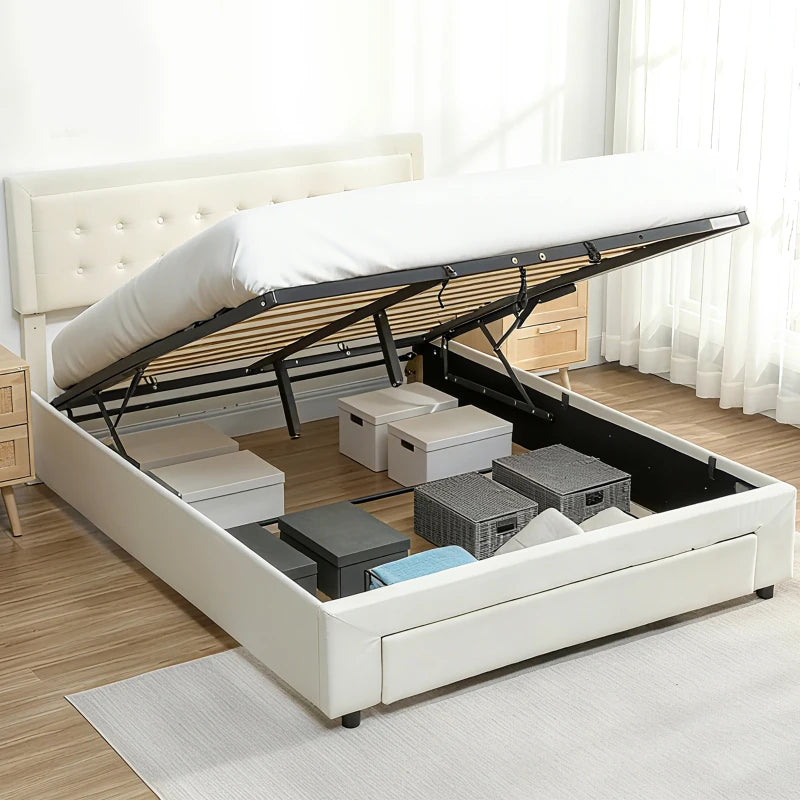 Luxury King Size Ottoman Bed Frame with Front Drawer - Elegant Cream Upholstery for Stylish Storage Solutions