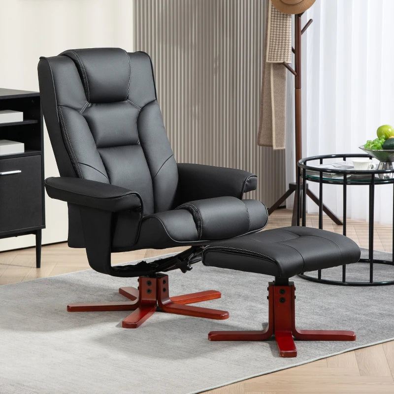 Black Faux Leather Manual Recliner and Footstool Set for Ultimate Comfort and Relaxation