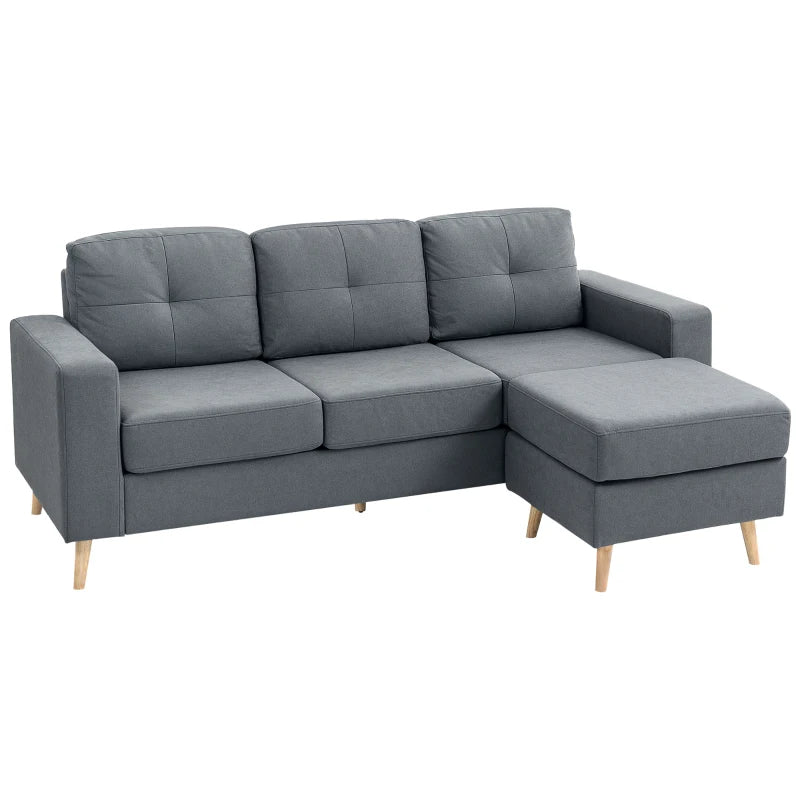 L-Shaped 3 Seater Sofa with Footstool - Fabric Sectional Couch for Small Spaces, Dark Grey, Ideal for Living Room or Office