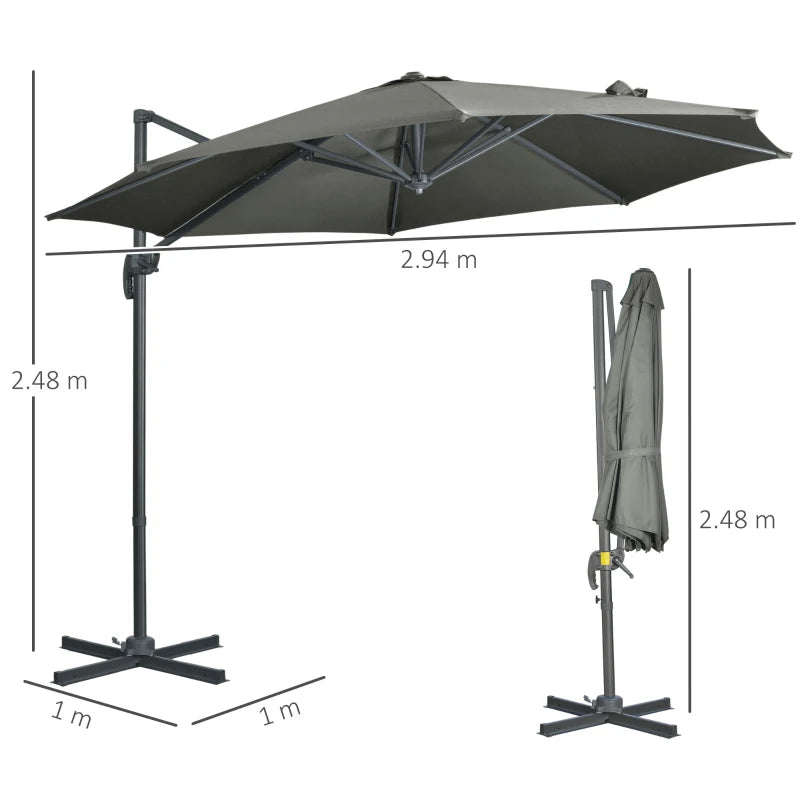 Grey 3x3m Cantilever Garden Umbrella with 360° Rotation and Tilt