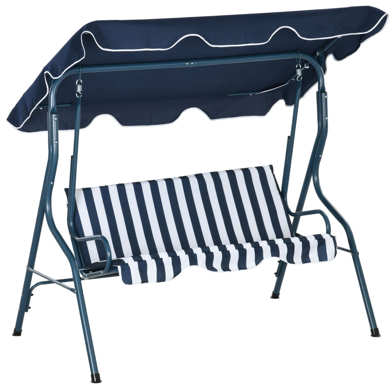 Blue Striped 3-Seater Outdoor Swing Bench with Adjustable Canopy