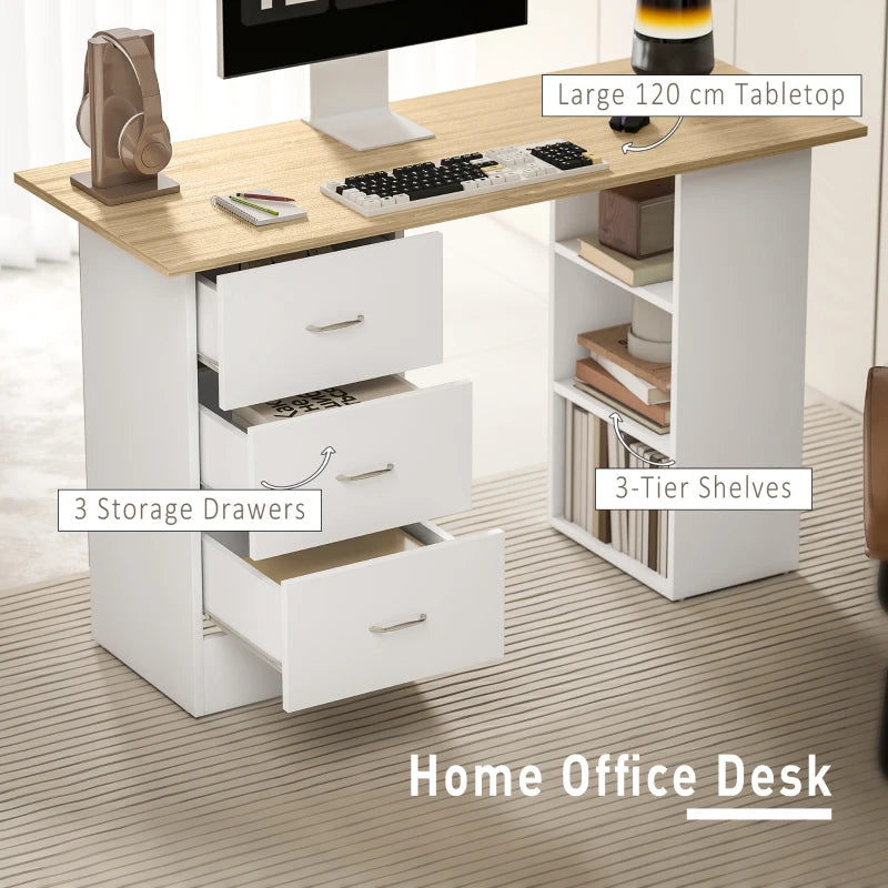 Modern Computer Desk with Storage Shelves and Drawers for Home Office Natural Wood Finish and White