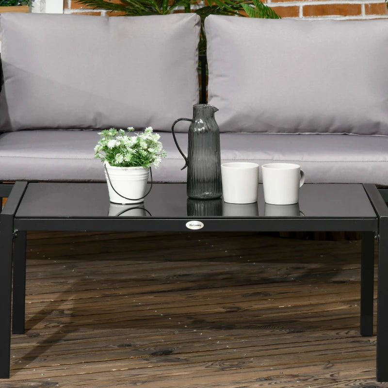 4 Piece Metal Garden Furniture Set with Glass Coffee Table and Cushions for Outdoor Relaxation