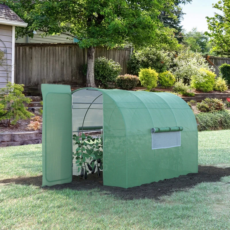 Green Plant Gardening Tunnel Greenhouse, Metal Door, Steel Frame, Mesh Windows (3x2m)