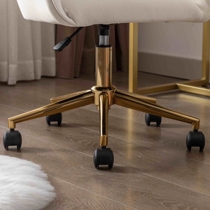 Ivory Velvet Adjustable Height Swivel Executive Office Chair with Gold Legs & Ergonomic Backrest - 58x58x86 cm