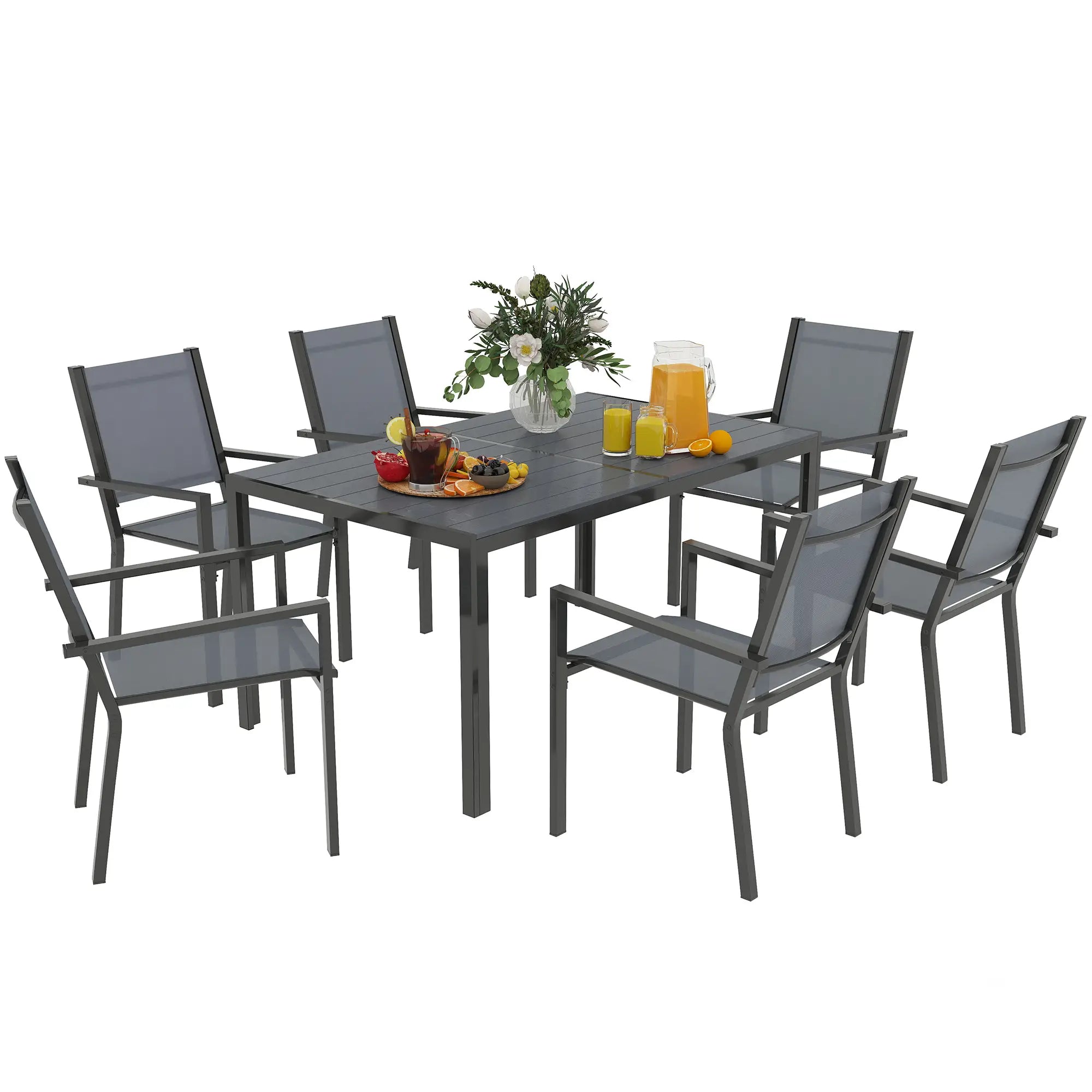 7 Piece Garden Dining Set With 6 Stackable Chairs and 150cm Rectangular Table + WPC Slatted Top