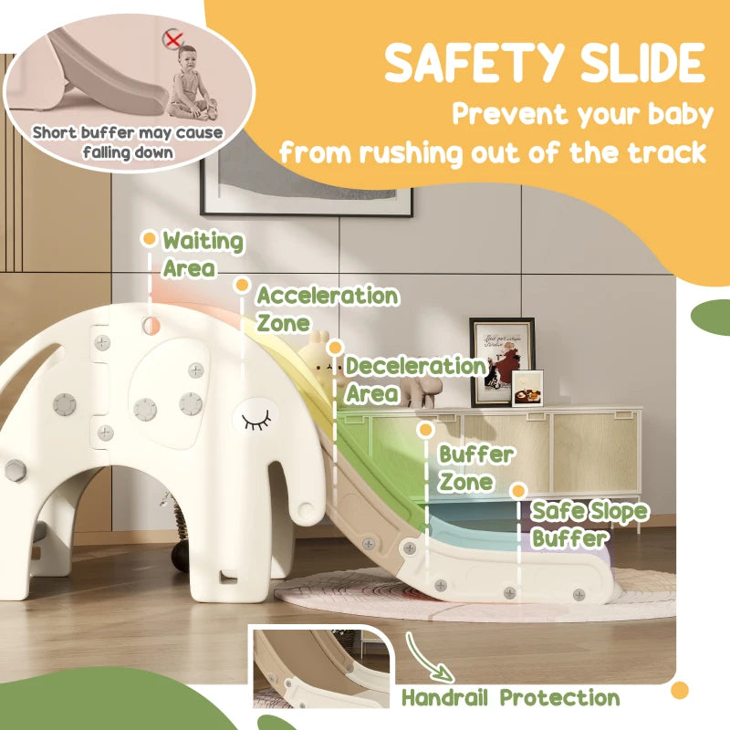 3 in 1 Toddler Slide with Basketball Hoop and Climber for Ages 1-3 Elephant Theme Cream White