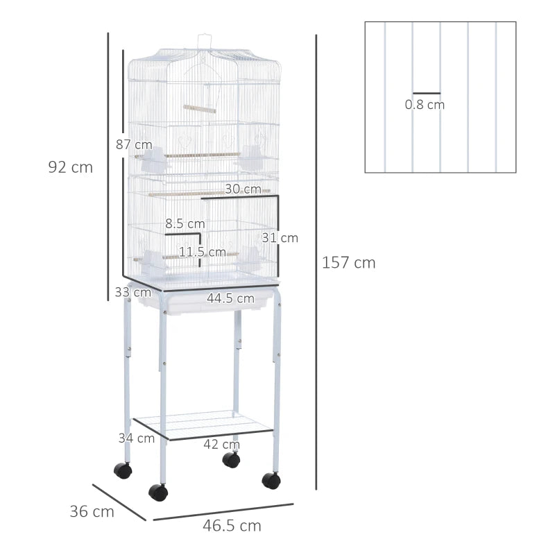 Premium Bird Cage for Budgies, Finches & Parakeets with Stand, Wheels, Slide-out Tray & Storage Shelf - White 46.5x36x157 cm