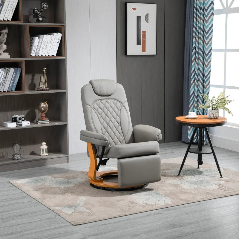 Comfortable PU Recliner Chair with Footrest and Headrest, Stylish Round Wooden Base for Living Room, Bedroom, or Office, Grey