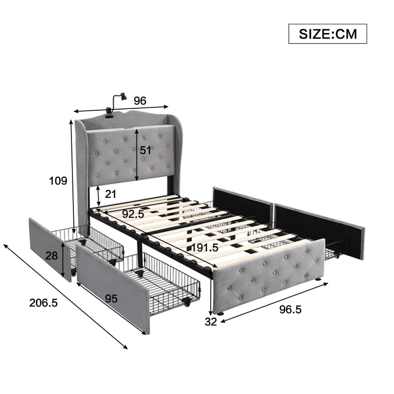 3FT Single Velvet Storage Bed with 4 Drawers, USB Ports & Table Lamp - Durable Gray Upholstered Design, 206.5L x 96.5W cm