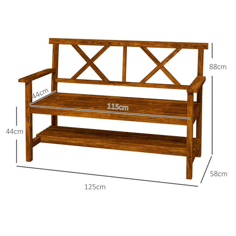 Natural Fir Wood Two-Seater Bench with Shelf