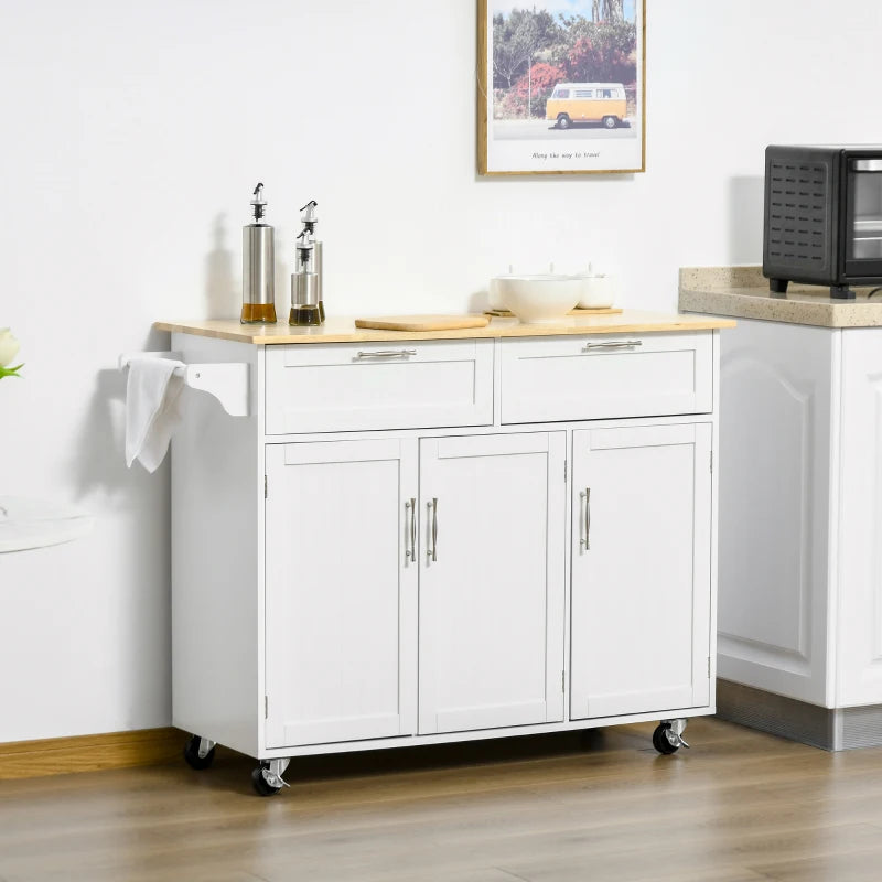 White Kitchen Island Utility Cart with 2 Storage Drawers & Cabinets - Perfect for Dining Room Organization
