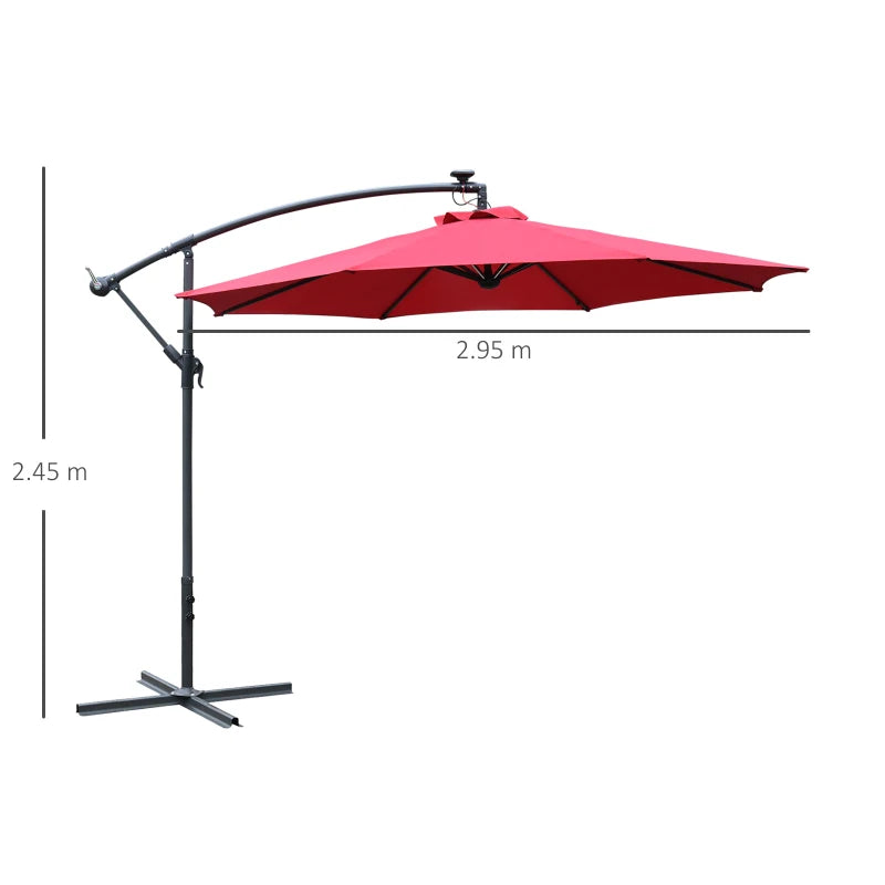 LED Solar Umbrella Parasol - Wine Red, 2.95x2.45m