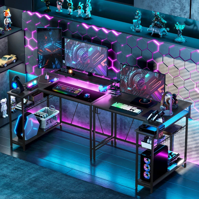 Reversible 'L' LED Light Gaming & Work Desk - Stylish Black Design for Ultimate Comfort and Productivity