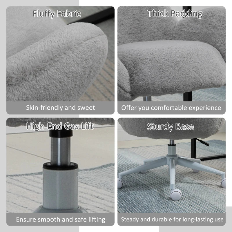 Cute Fluffy Makeup Vanity Chair with Rolling Wheels - Stylish Grey Desk Chair for Bedroom & Living Room