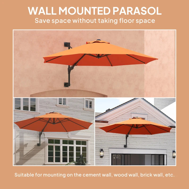 3m Wall-Mounted Parasol Shade with Handle - Outdoor Orange Sun Umbrella for Patio