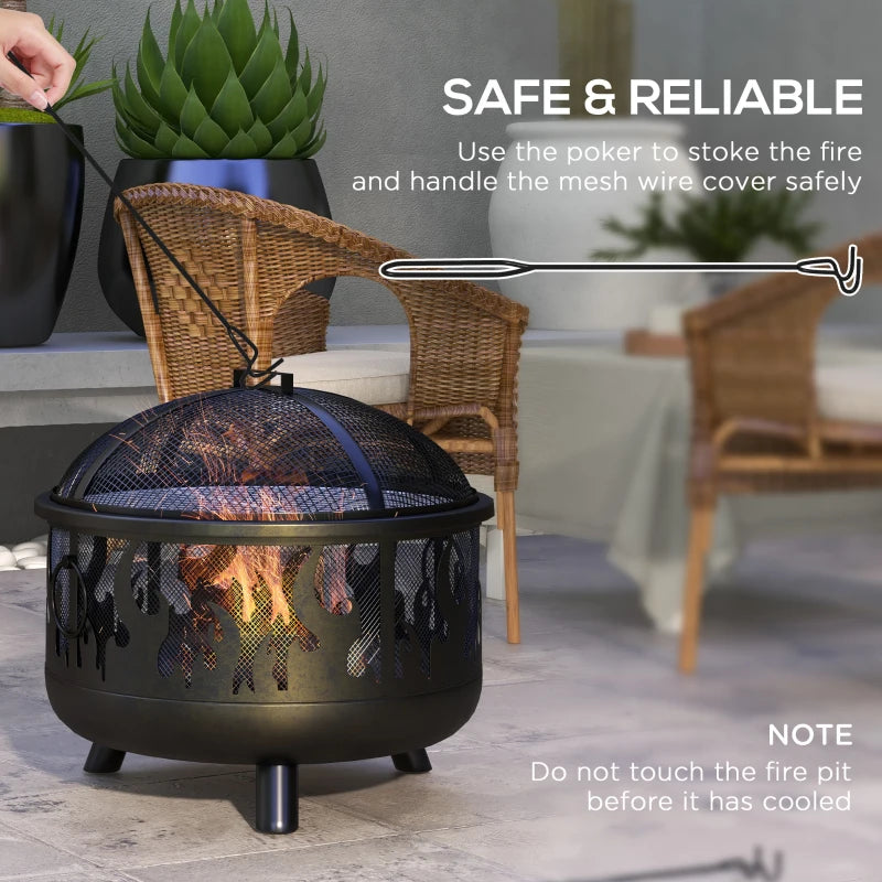 Premium Black Steel Fire Pit BBQ with Poker - Outdoor Heating & Cooking Solution for Patios, Gardens, and Backyards