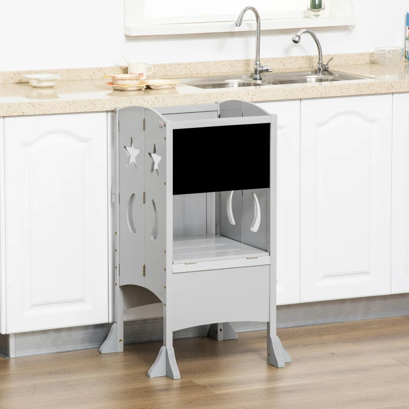 Kids Step Stool with Blackboard & Lockable Handrail - Toddler Kitchen Stool for Safe Counter Access - Grey