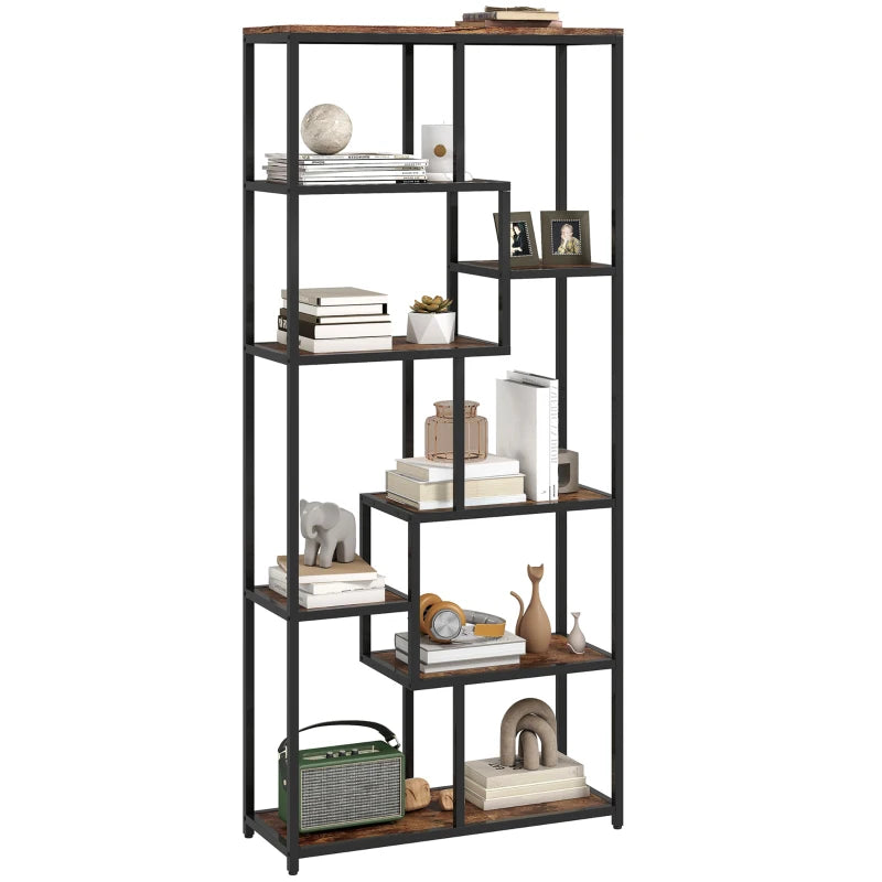 Unique Seven-Tier Geometric Bookcase in Brown and Black - Stylish Storage Solution for Home or Office