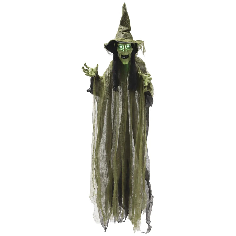 170 cm Life Size Animated Witch with Glowing LED Eyes - Spooky Halloween Decoration, Battery Operated Indoor Party Prop