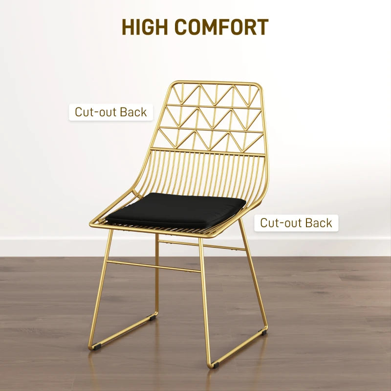 Luxurious Set of 4 Dining Chairs - Metal Wire Kitchen Chairs with Velvet Cushions, Cut-out Back & Gold Steel Frame