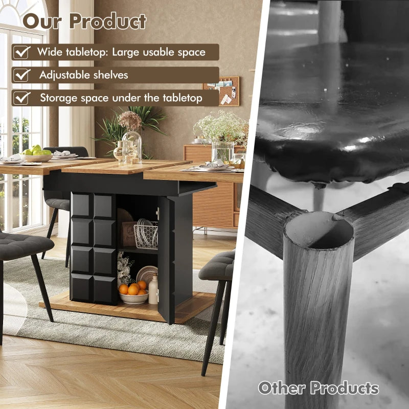 Telescopic Extendable Dining Table for 4-6, Foldable Kitchen Table with Checked Pattern, Black & Natural, 110-140L x 80W x 75H cm