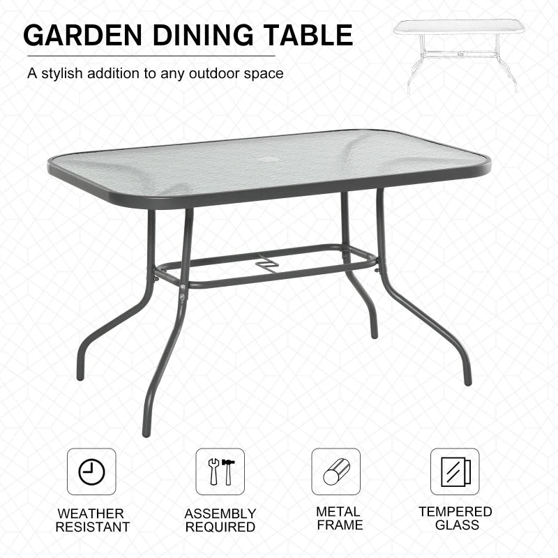 Grey Outdoor Dining Table with Glass Top and Parasol Hole - 120x80cm