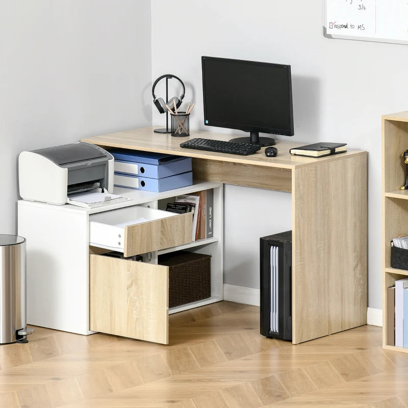 L-Shaped Corner Computer Desk with Storage Drawer & Adjustable Shelf - Oak & White Home Office Furniture, 120x92x75cm