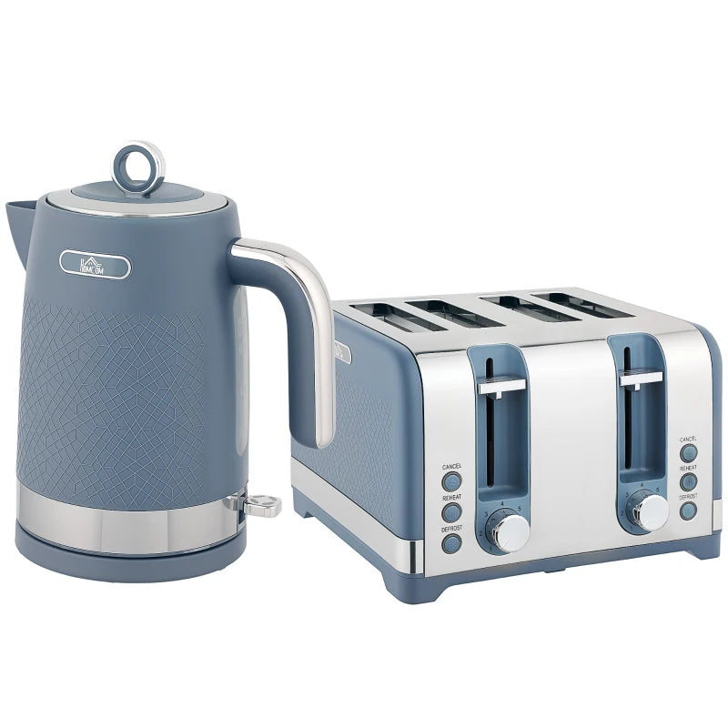 Sleek Blue Textured Kettle & Four-Slice Toaster Set - Modern Kitchen Appliances for Stylish Cooking