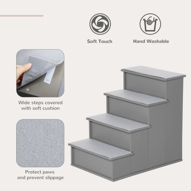 4 Step Wooden Dog Stairs - Non-Slip Pet Ladder for Bed & Couch, Grey, 40x59x54.2 cm - Ideal for Dogs & Cats