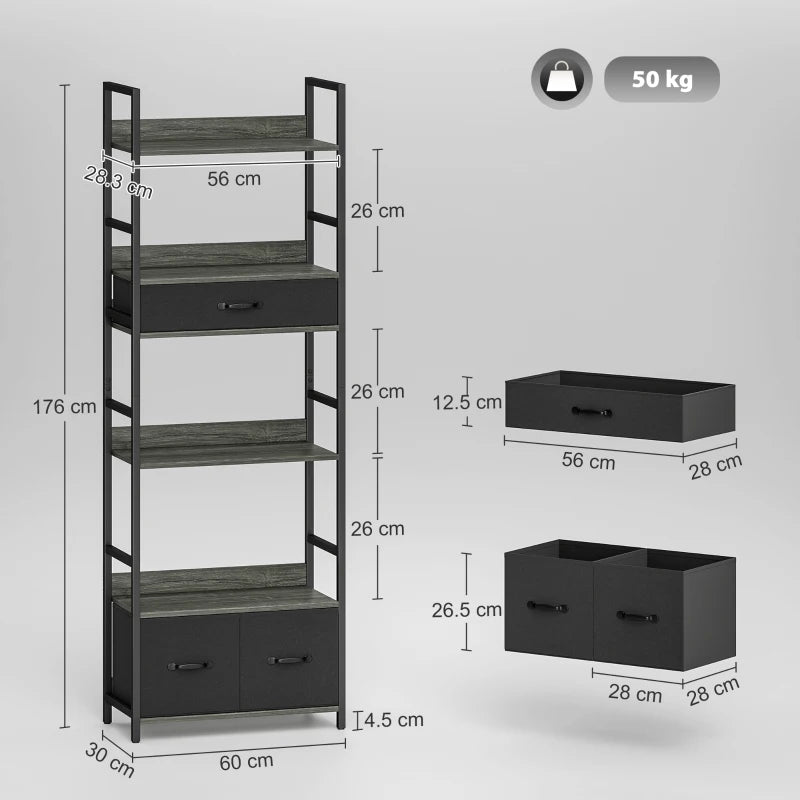 Industrial Style Bookcase with 4 Shelves & 3 Fabric Drawers - Modern Grey/Black Storage Solution for Home or Office
