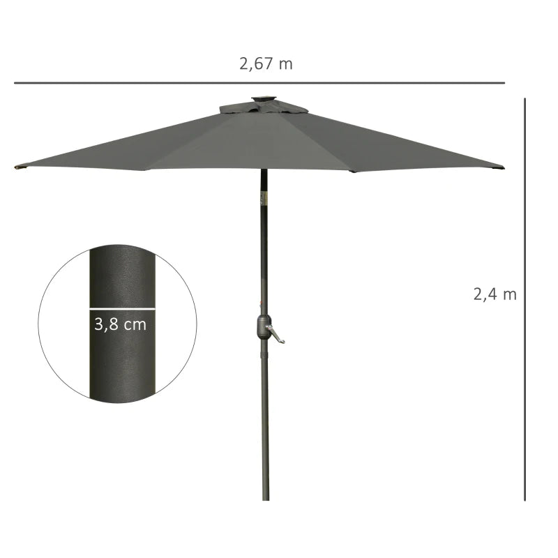 Grey 2.7m Patio Garden Umbrella with Tilt Crank and LED Lights