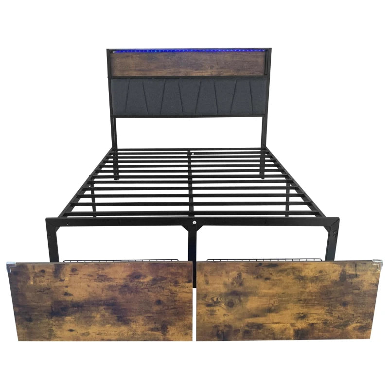 Stylish Black & Dark Walnut Double Bed Frame with Storage Drawers, RGB LED Headboard & Charging Station - 205L x 136W x 116H cm