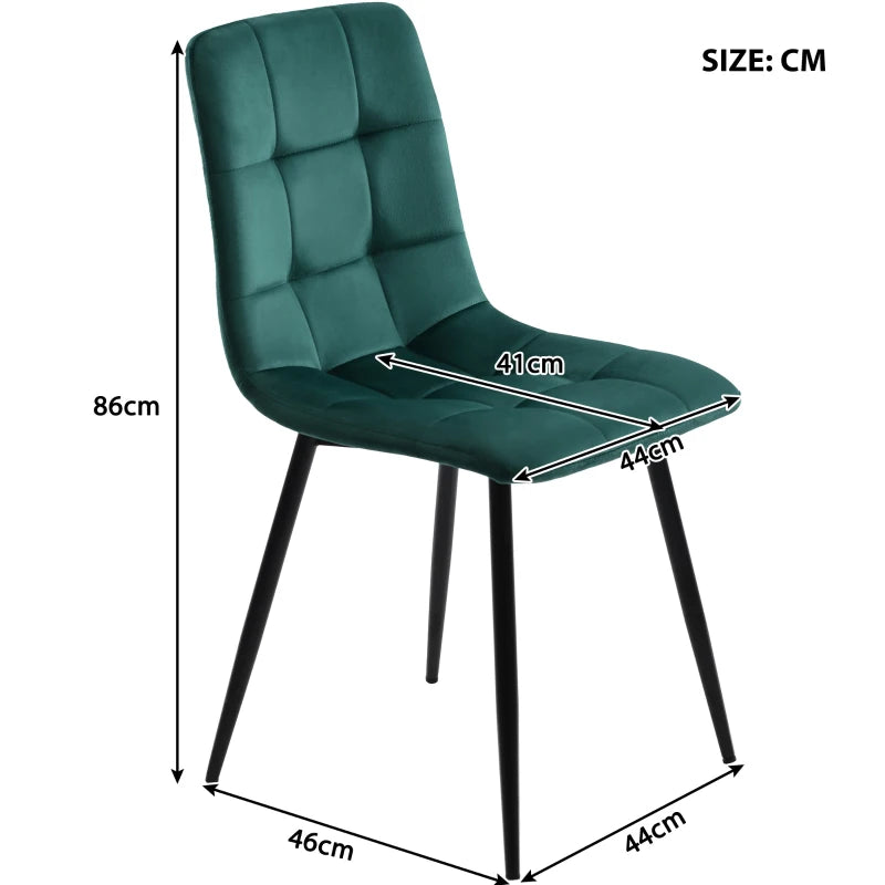 Set of 4 Green Velvet Upholstered Dining Chairs with Metal Frame & Backrest - Stylish 44x41x86 cm Design
