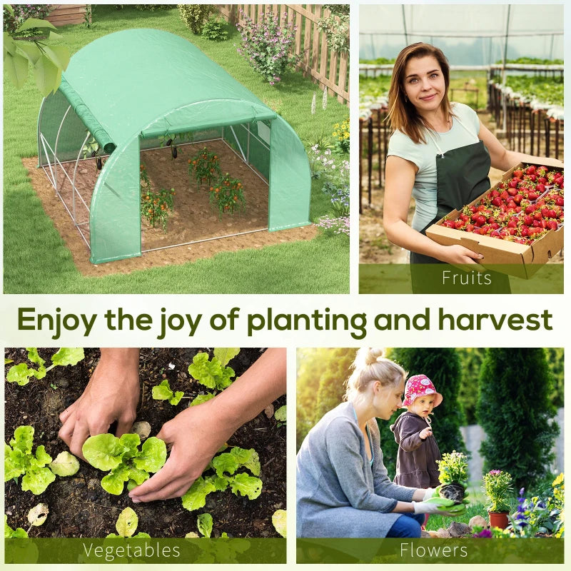 Green Walk-in Polytunnel Greenhouse with Roll-up Sidewalls, Zipped Door, 6 Windows - 3x3x2m