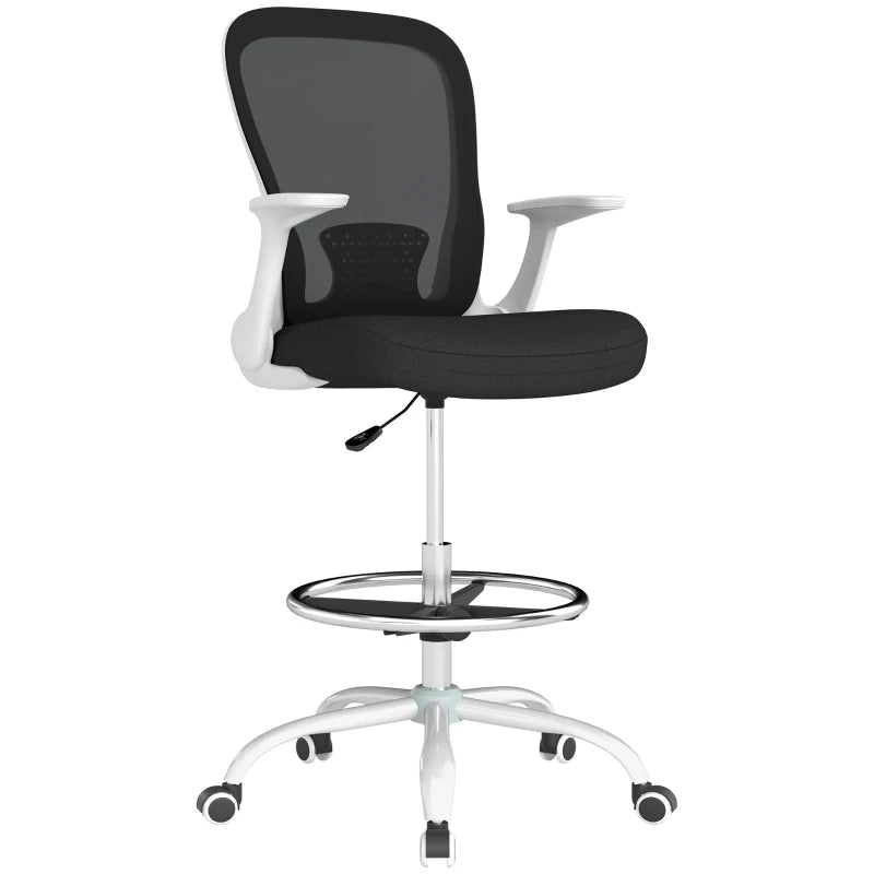 Ergonomic Draughtsman Chair - Mesh Drafting Chair with Flip-Up Armrests & Adjustable Foot Ring - Black & White Office Seating