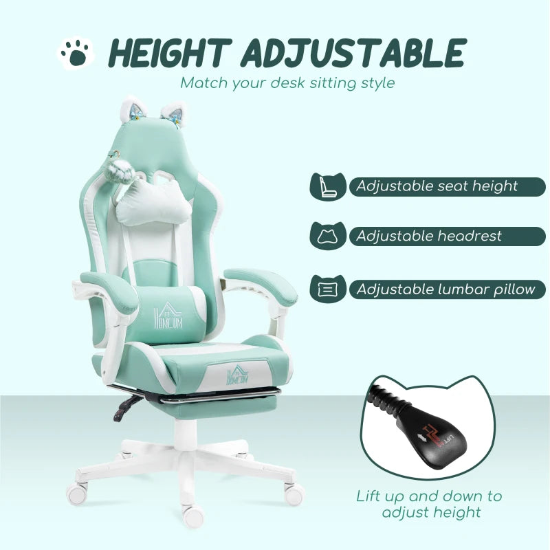 Cat Ear and Paw Reclining Office Chair with Footrest - Cute Light Blue/White Design for Comfort and Style